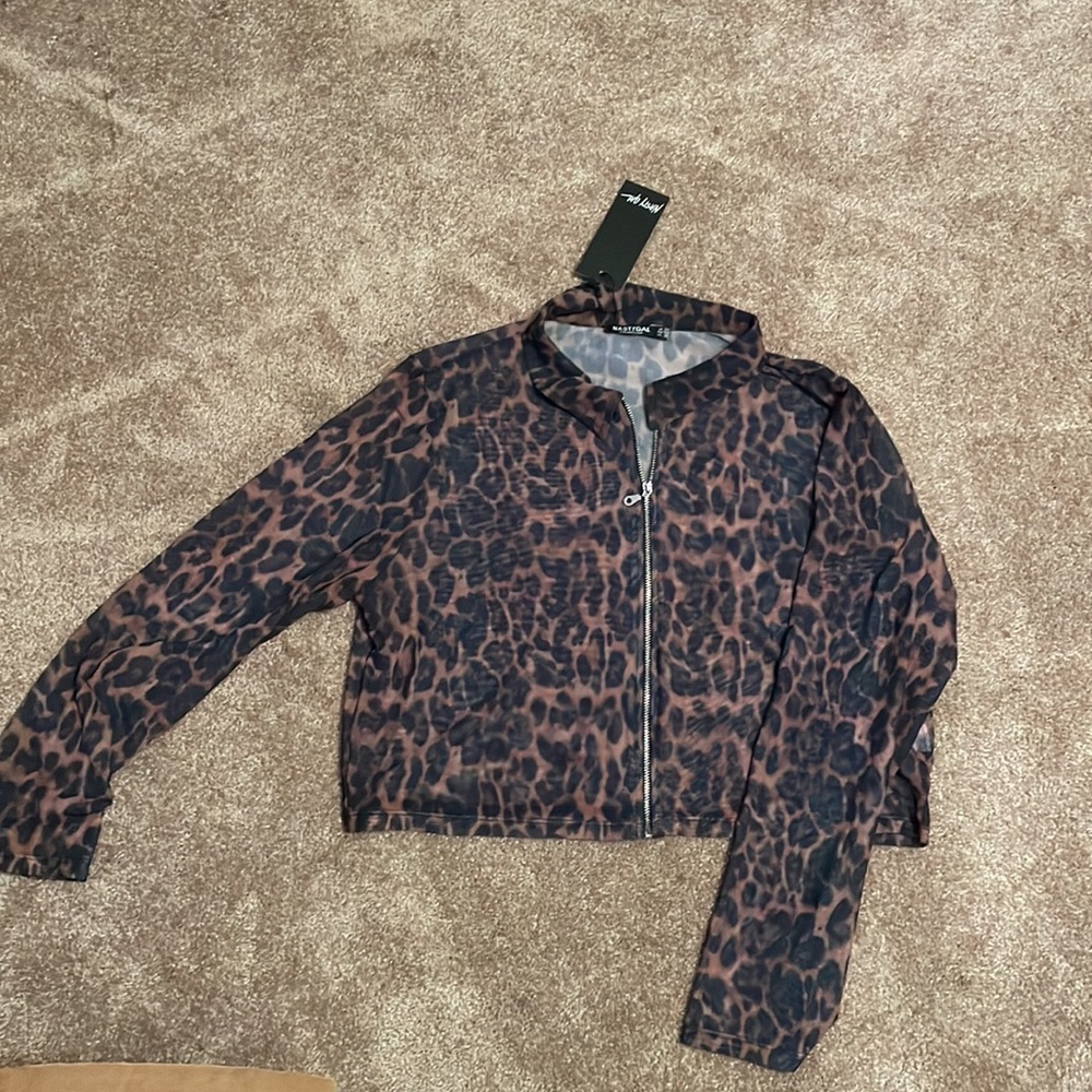 Sheer plus size mesh leopard crop jacket